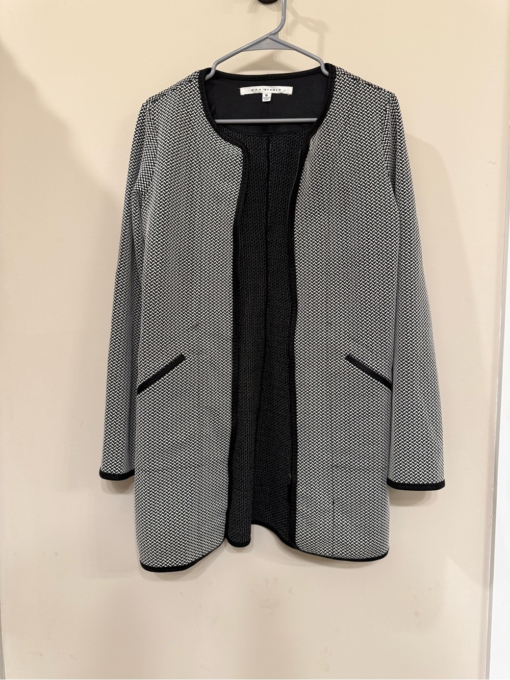 Max Studio Black and White Open-Front Knit Blazer